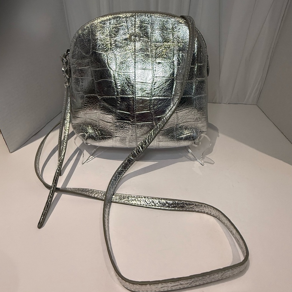 Eric Javits Silver Croc-Embossed Crossbody Bag
